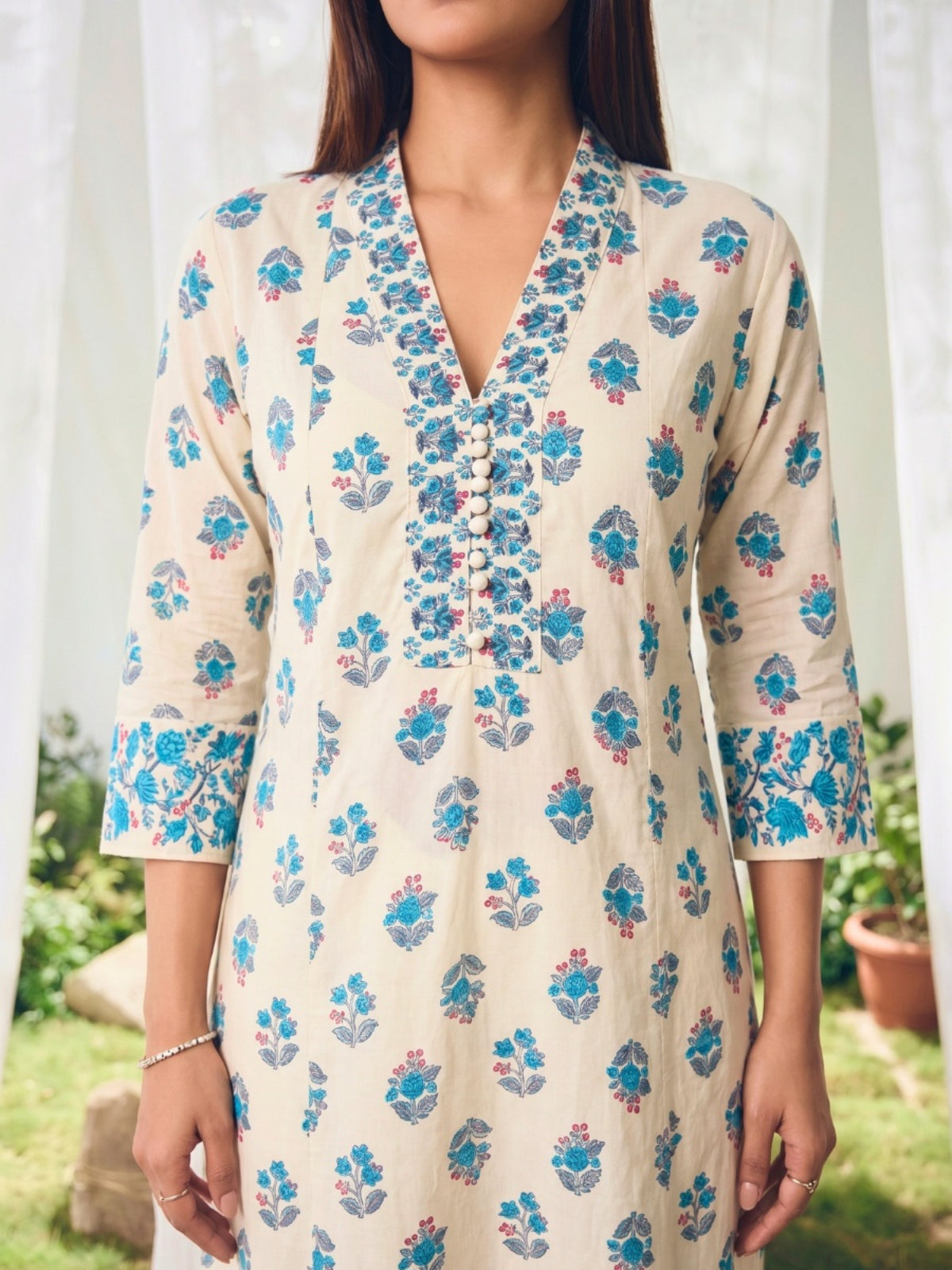 Buy Printed Straight Calf Length Kurta With Pant-Off White