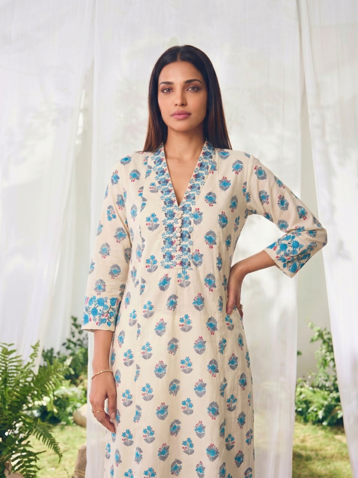 Buy Printed Straight Calf Length Kurta With Pant-Off White