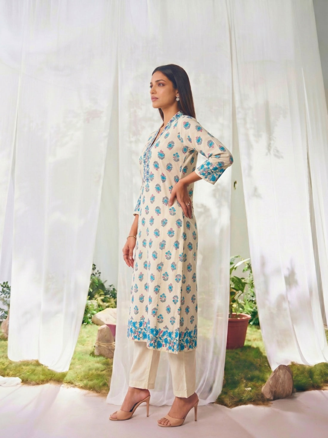 Buy Printed Straight Calf Length Kurta With Pant-Off White