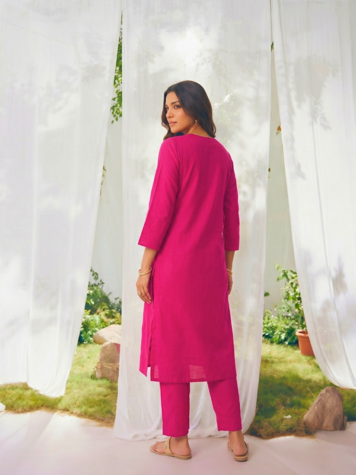 Buy Embroidered Straight Calf Length Kurta With Pant-Fuchsia