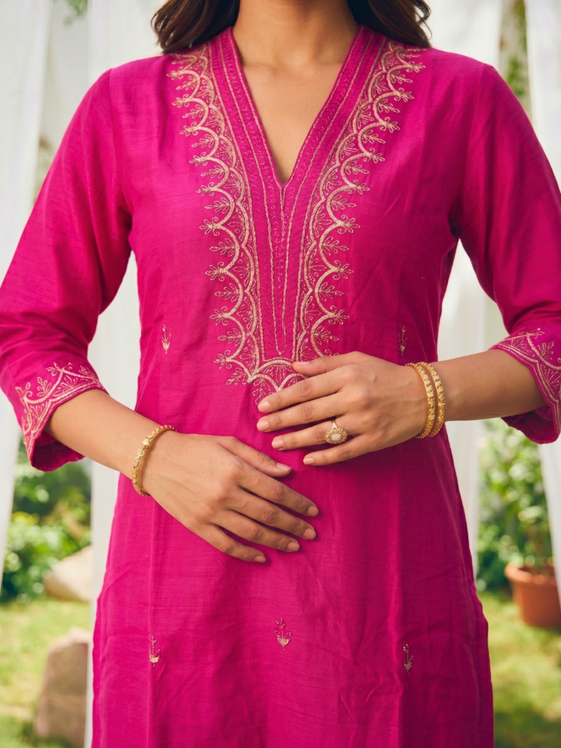 Buy Embroidered Straight Calf Length Kurta With Pant-Fuchsia