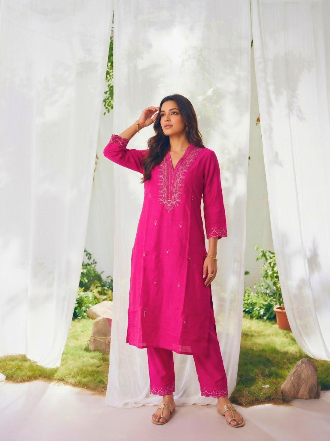 Buy Embroidered Straight Calf Length Kurta With Pant-Fuchsia