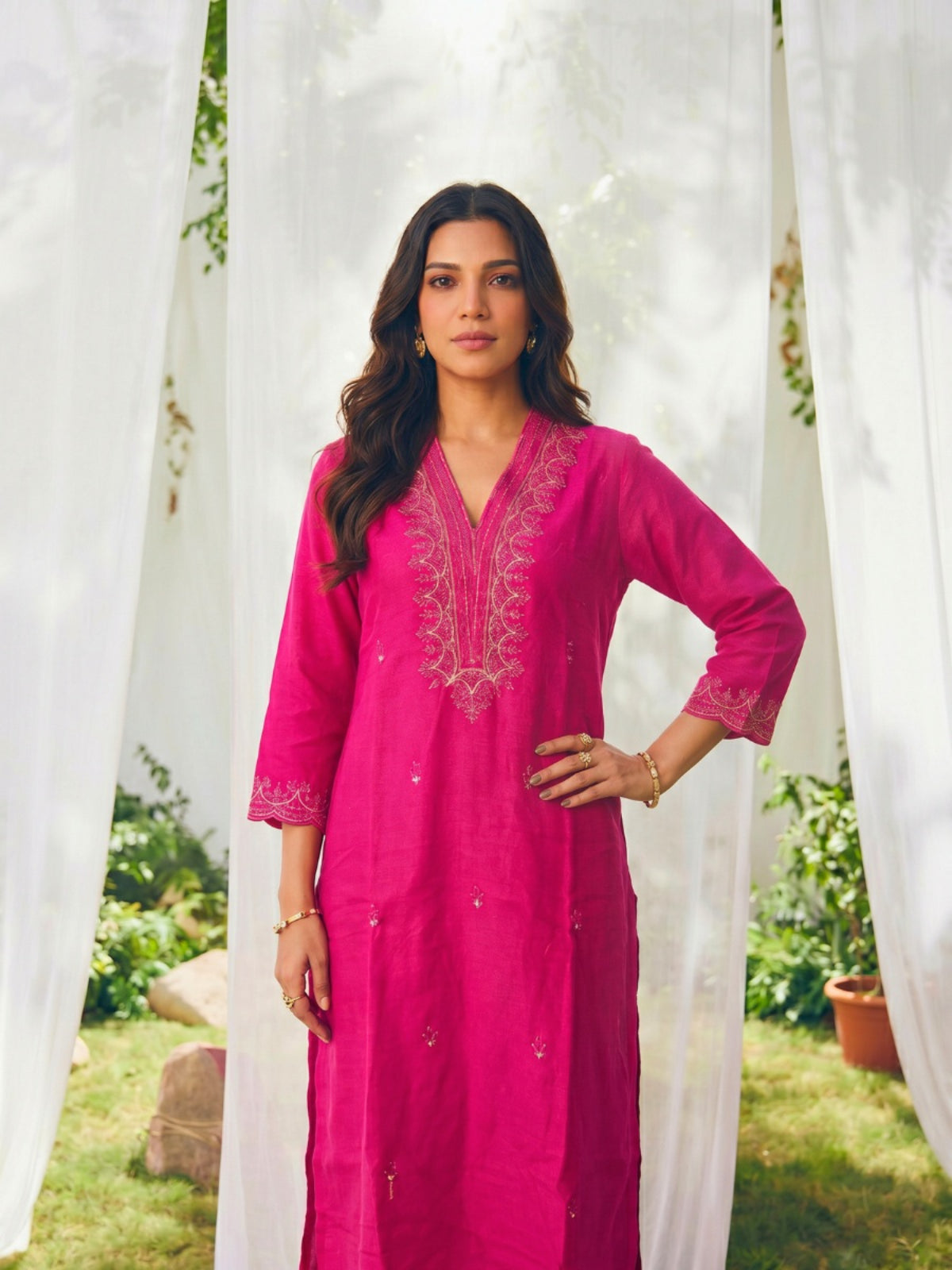 Buy Embroidered Straight Calf Length Kurta With Pant-Fuchsia