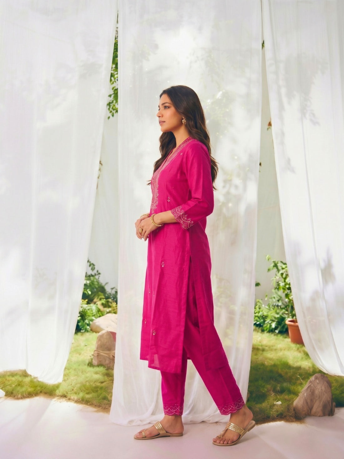 Buy Embroidered Straight Calf Length Kurta With Pant-Fuchsia
