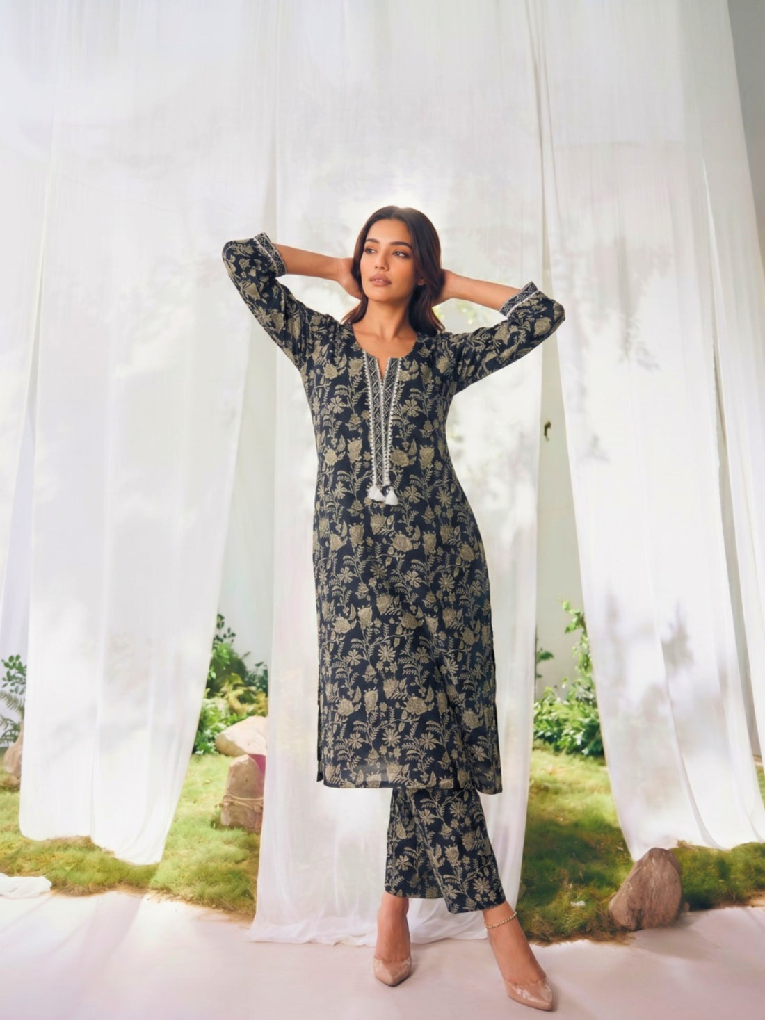 Buy Printed Straight Calf Length Kurta With Pant-Purple