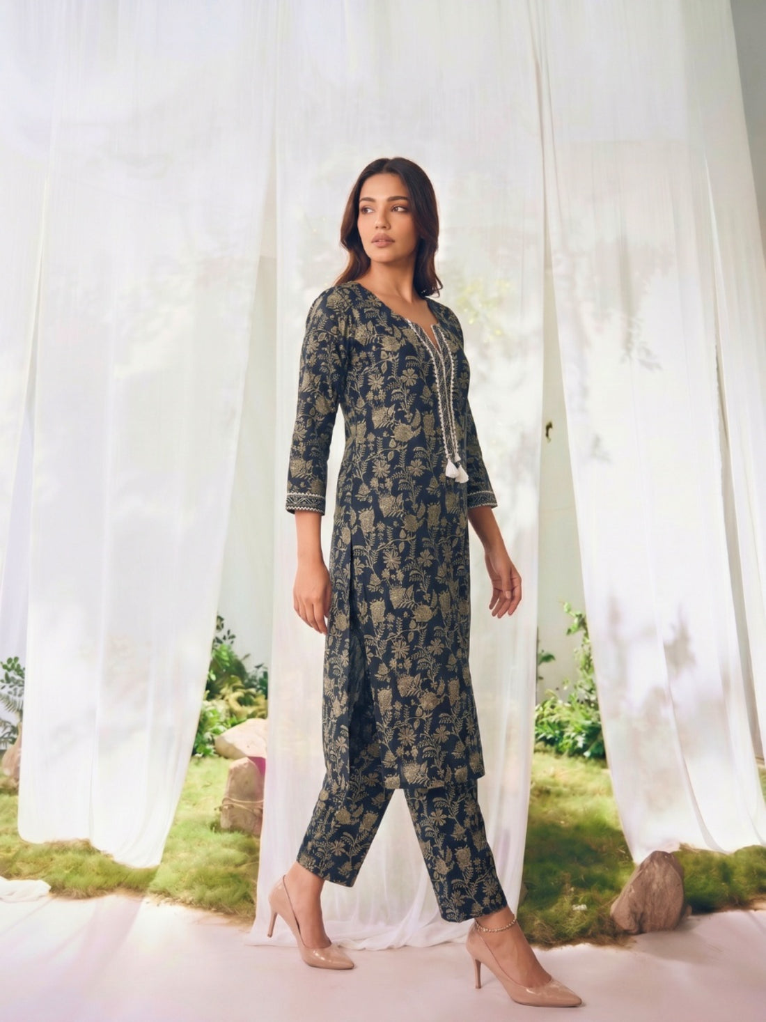 Buy Printed Straight Calf Length Kurta With Pant-Purple