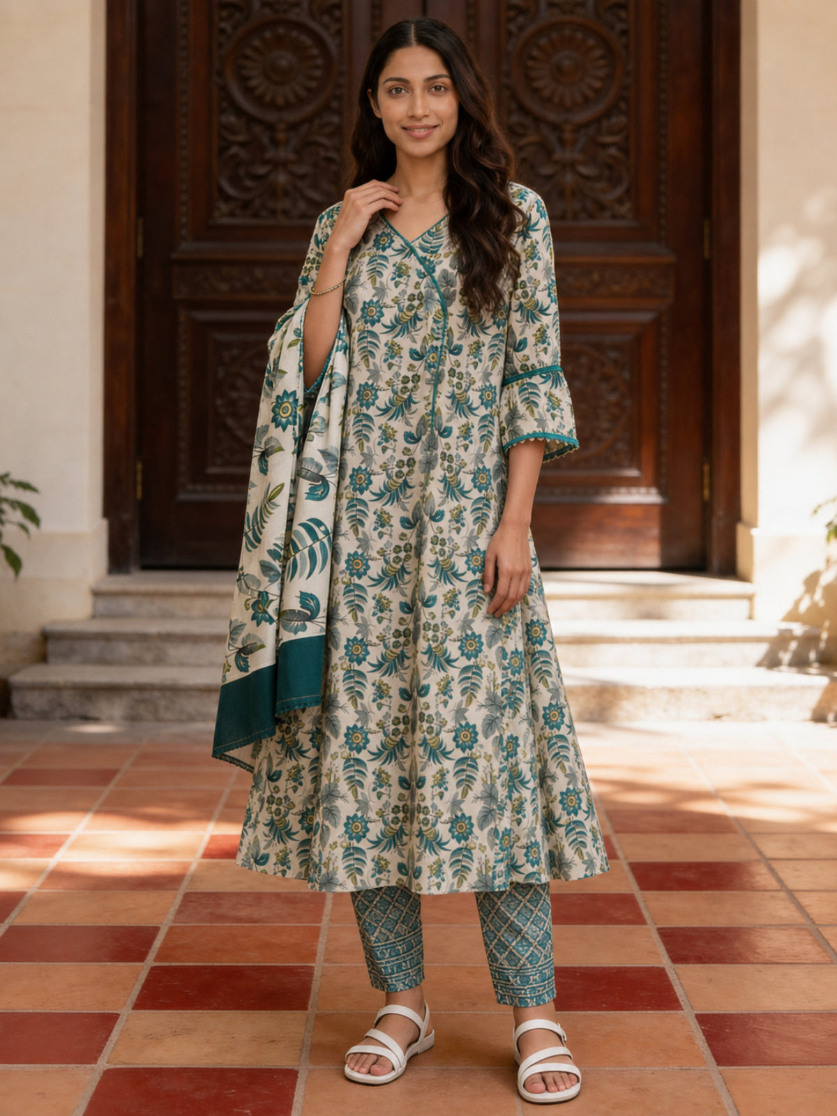 Printed Straight Calf Length Kurta With Pant and Dupatta