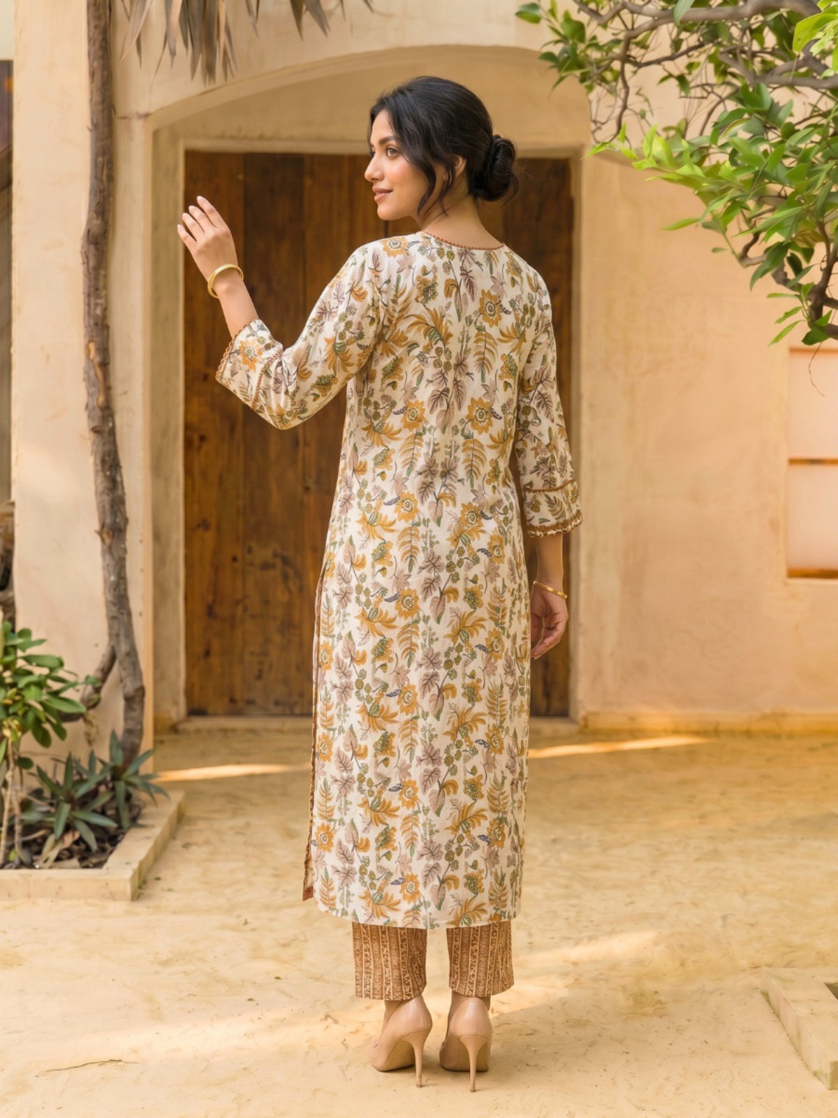 Buy Printed Straight Calf Length Kurta With Pant and Dupatta-Rust
