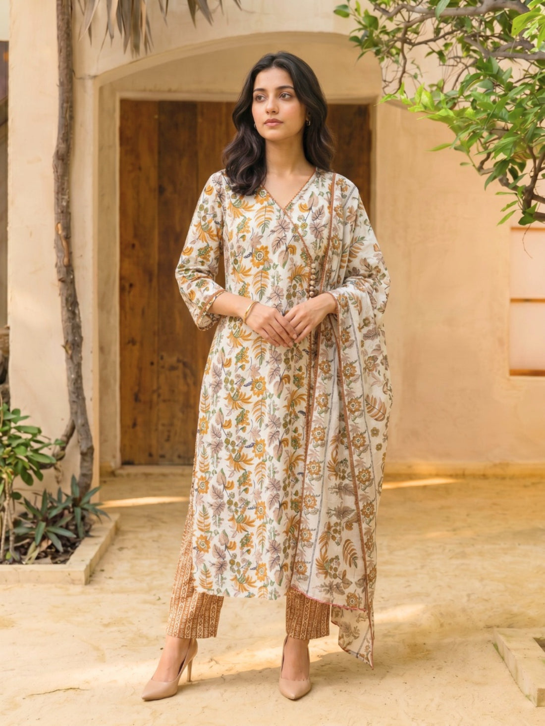 Buy Printed Straight Calf Length Kurta With Pant and Dupatta-Rust