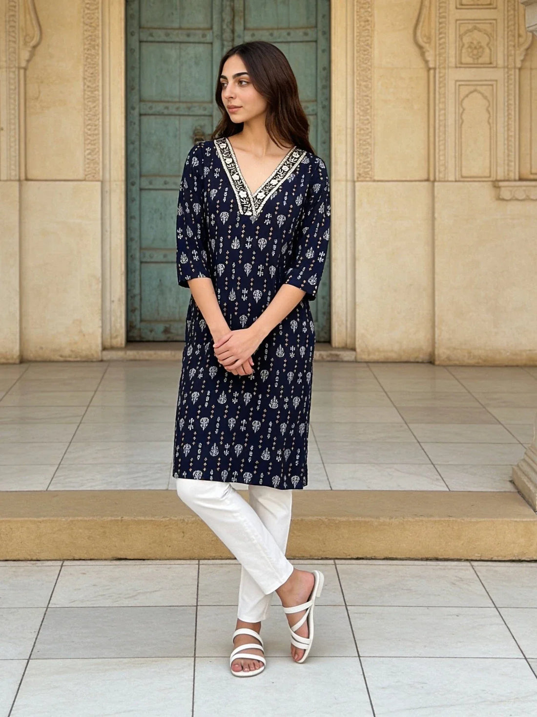 Buy Rayon Embroidered V-Neck Calf Length Kurta-Blue