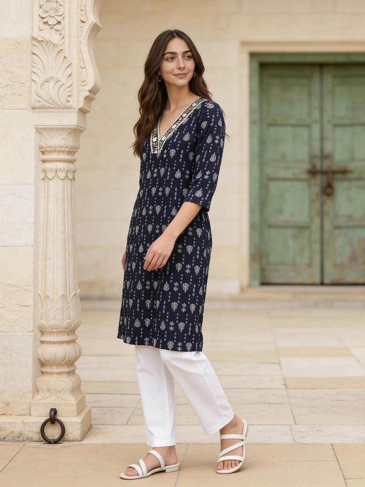 Buy Rayon Embroidered V-Neck Calf Length Kurta-Blue