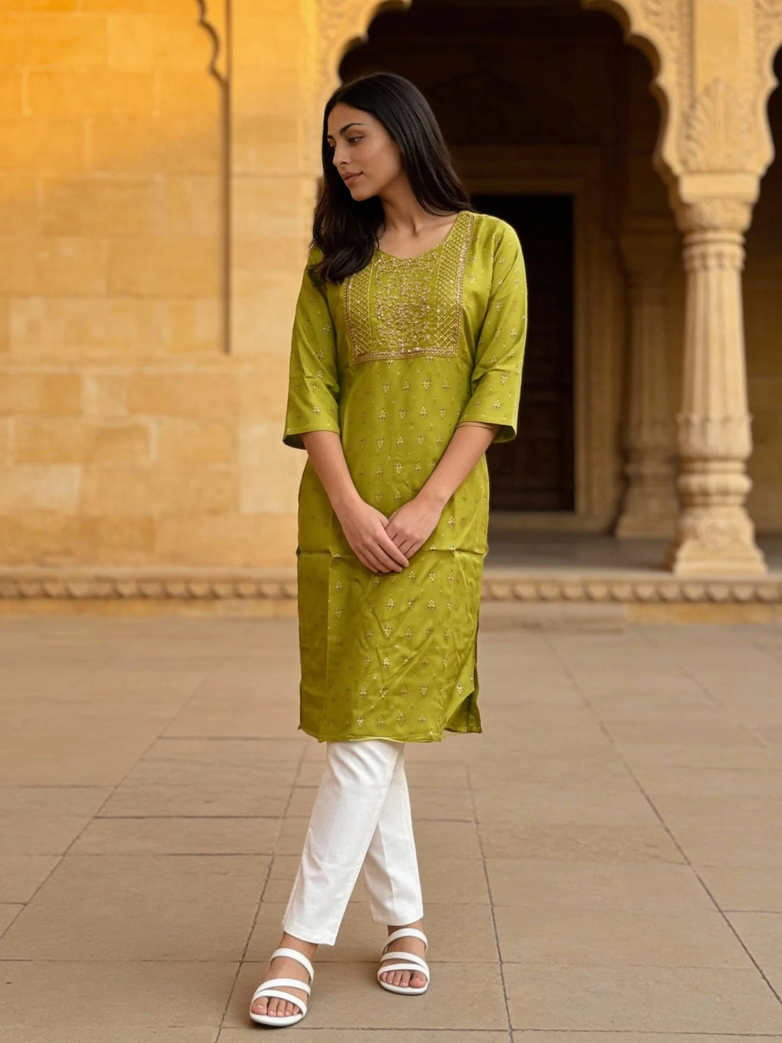 Buy Rayon Embroidered Straight Calf Length Kurta-Green