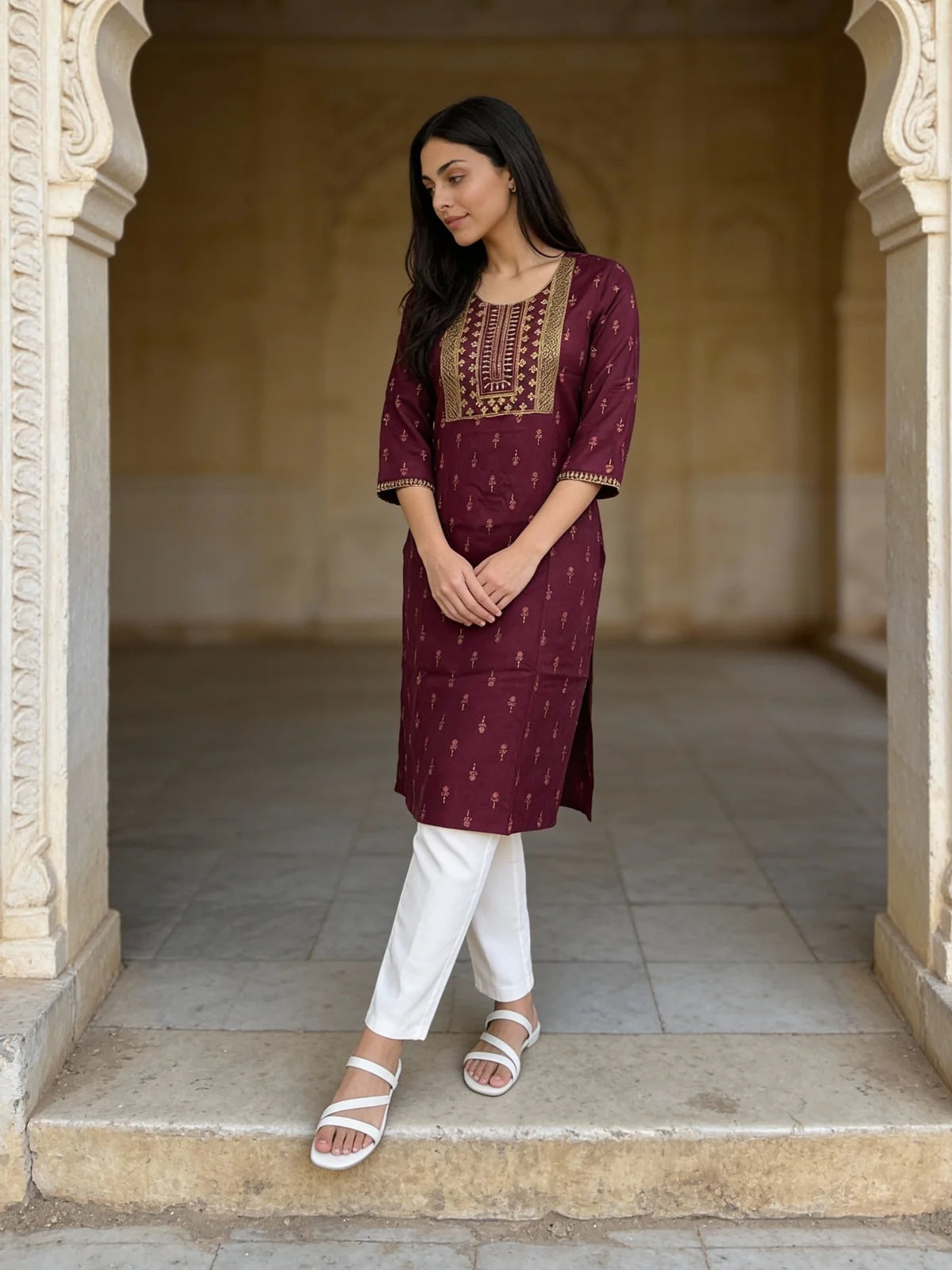 Buy Rayon Embroidered Straight Calf Length Kurta-Wine