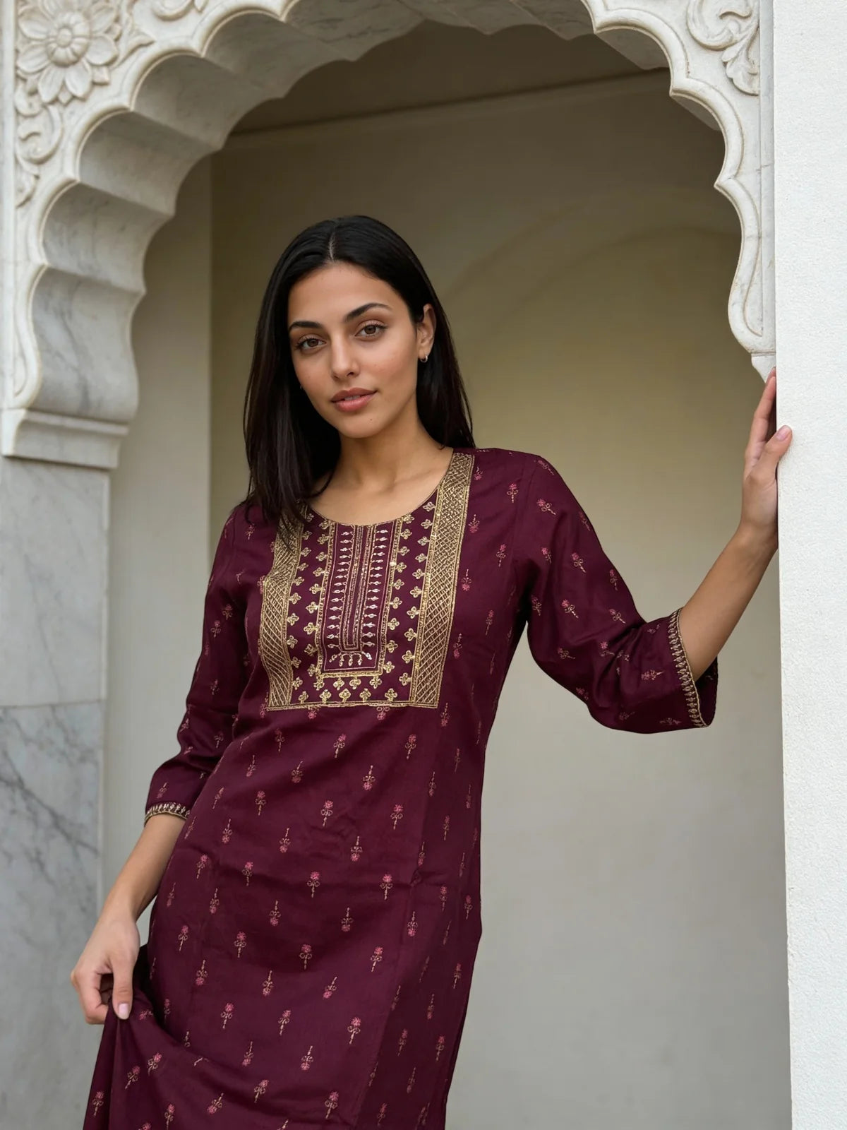 Buy Rayon Embroidered Straight Calf Length Kurta-Wine