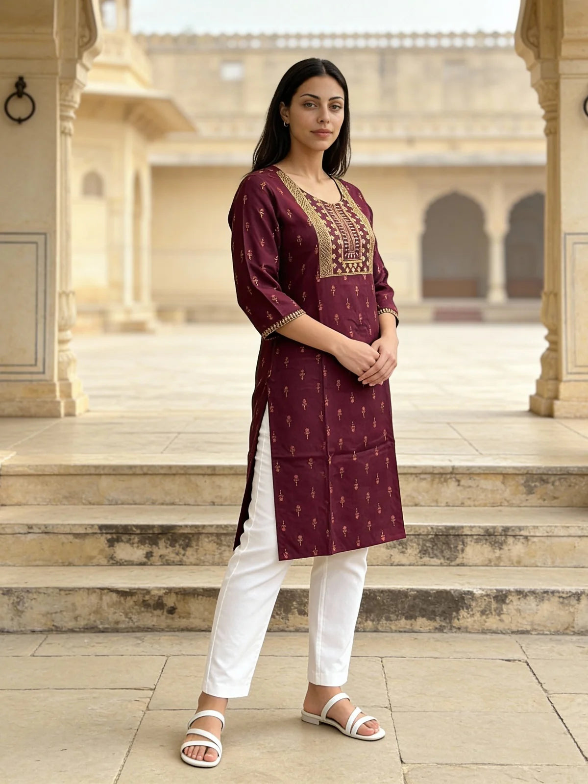 Buy Rayon Embroidered Straight Calf Length Kurta-Wine