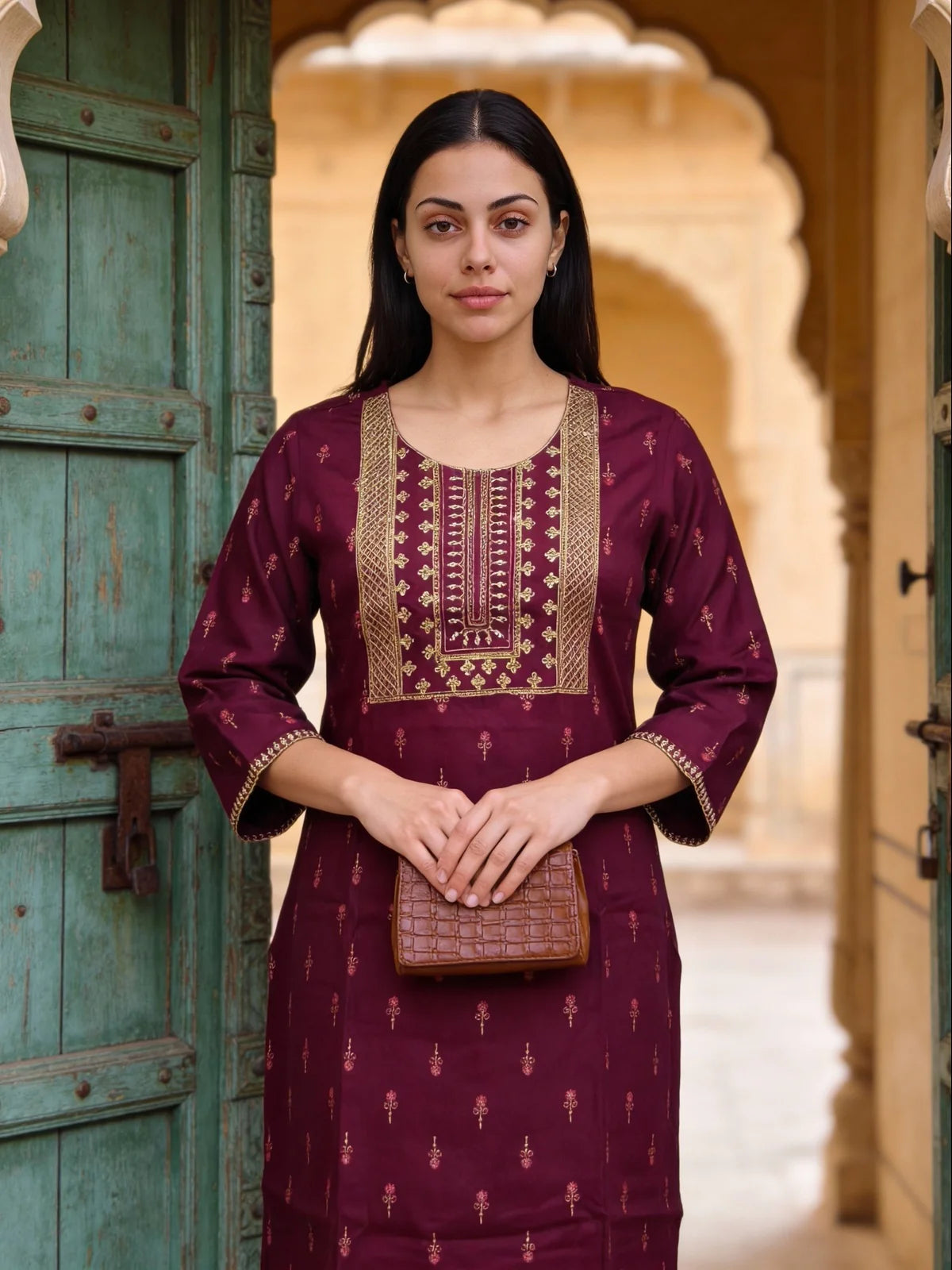 Buy Rayon Embroidered Straight Calf Length Kurta-Wine