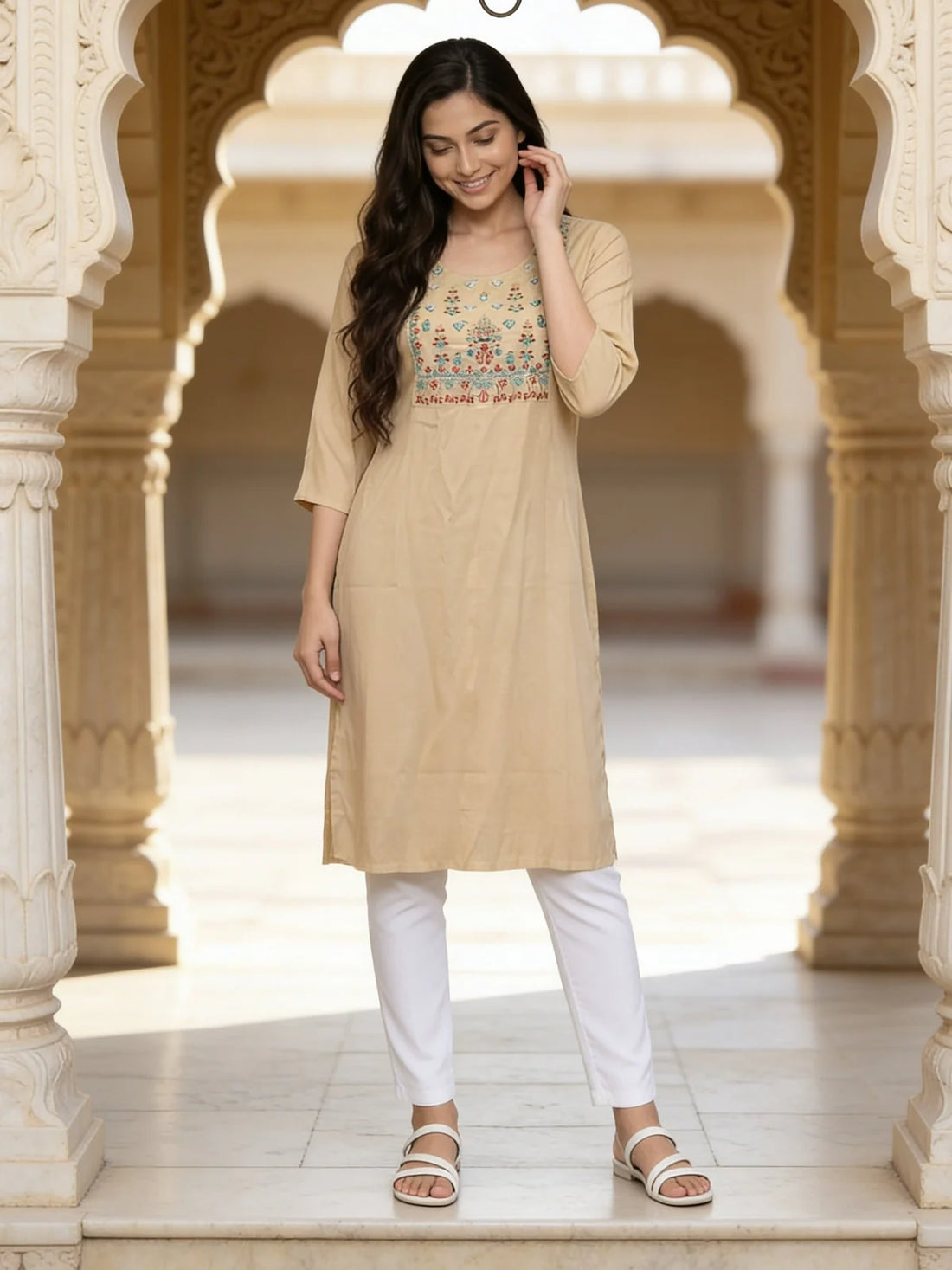 Buy Rayon Embroidered Straight Calf Length Kurta-Cream