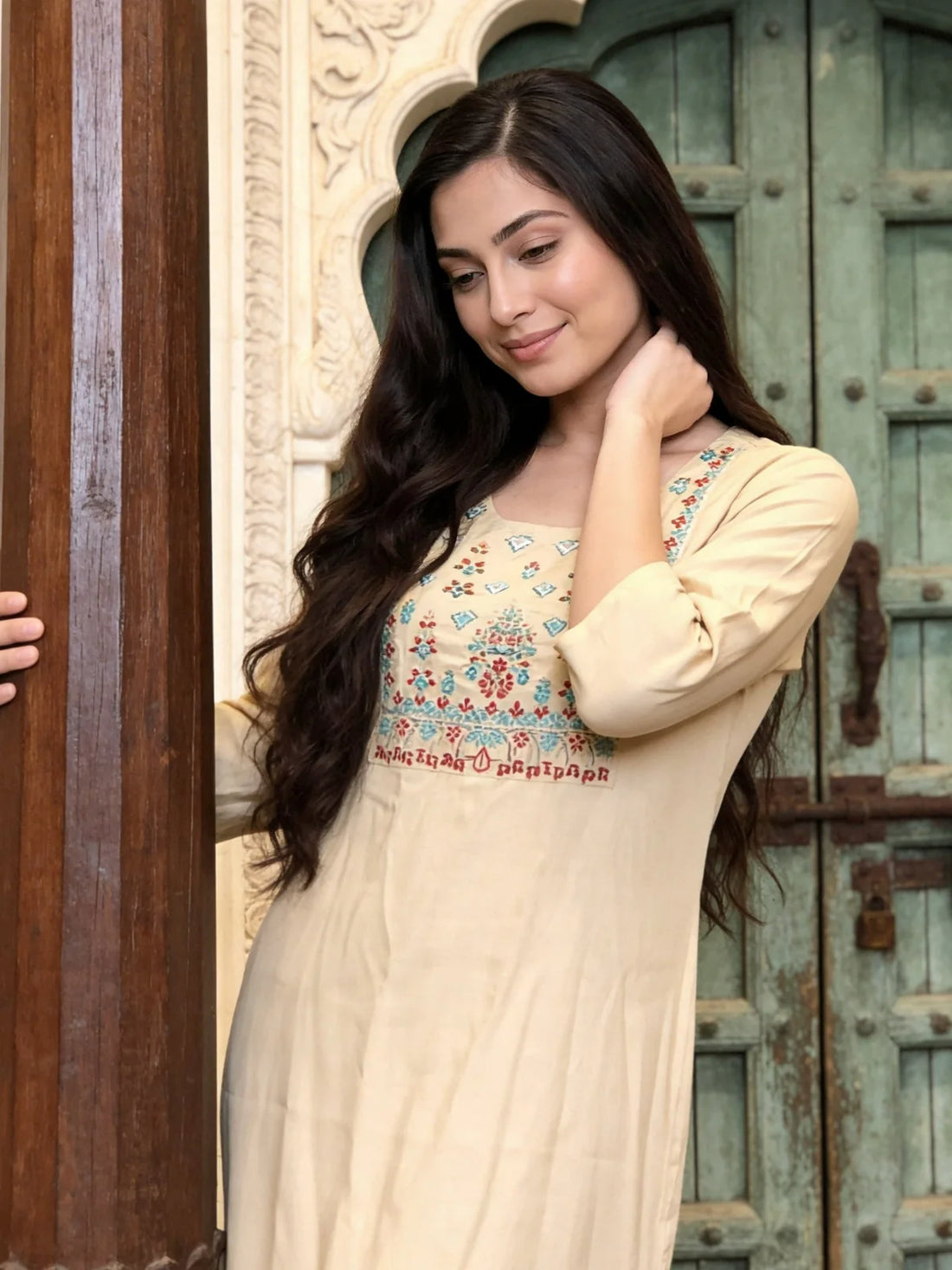 Buy Rayon Embroidered Straight Calf Length Kurta-Cream