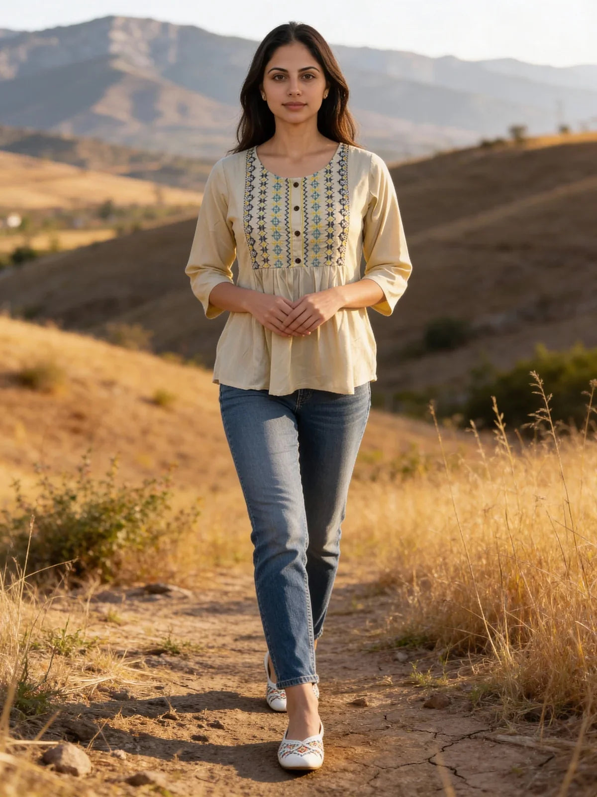 Buy Rayon Embroidered A-Line Short Length Short Kurti-Cream