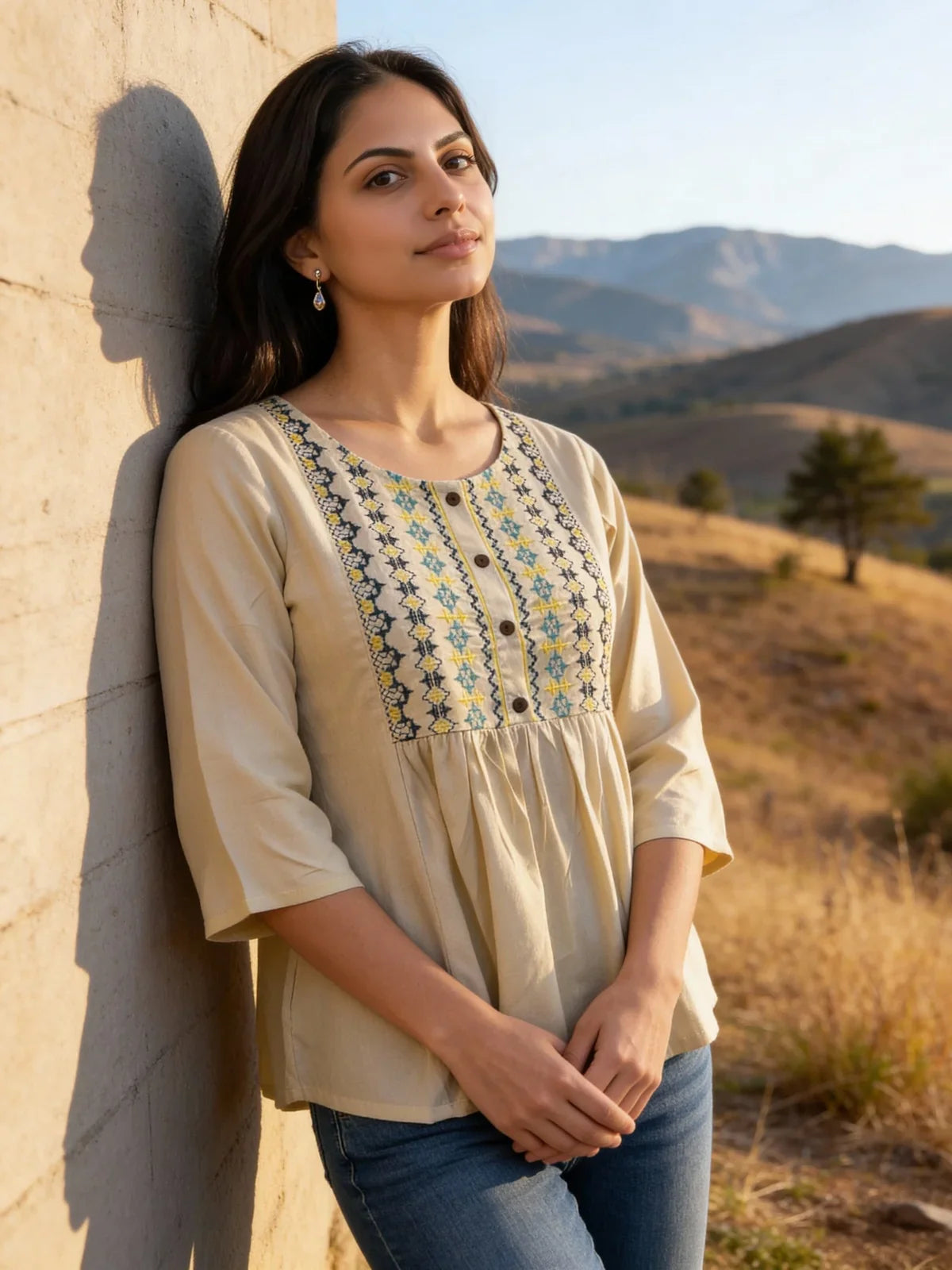 Buy Rayon Embroidered A-Line Short Length Short Kurti-Cream