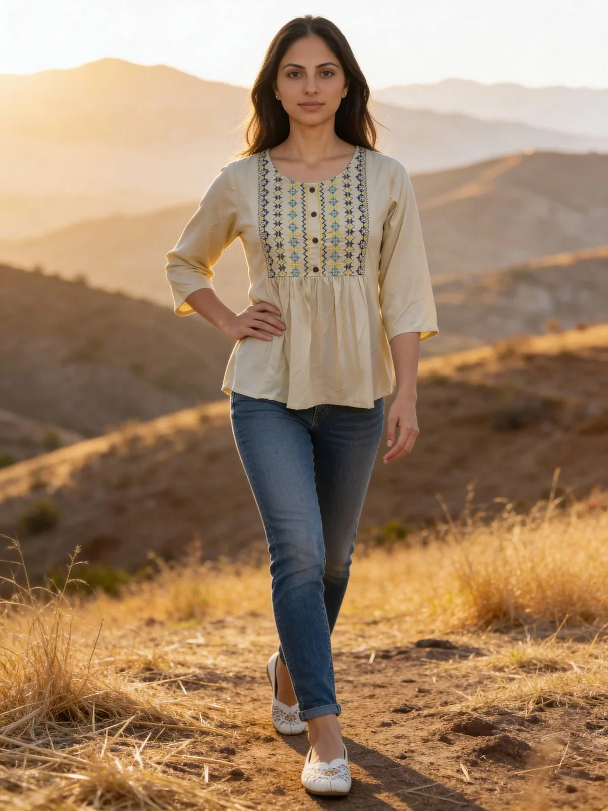 Buy Rayon Embroidered A-Line Short Length Short Kurti-Cream