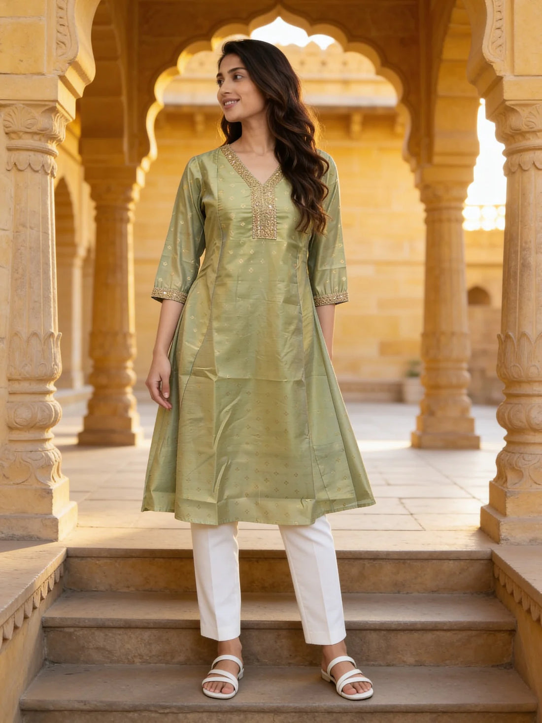 Buy Chanderi Embroidered Anarkali Calf Length Kurta-Olive