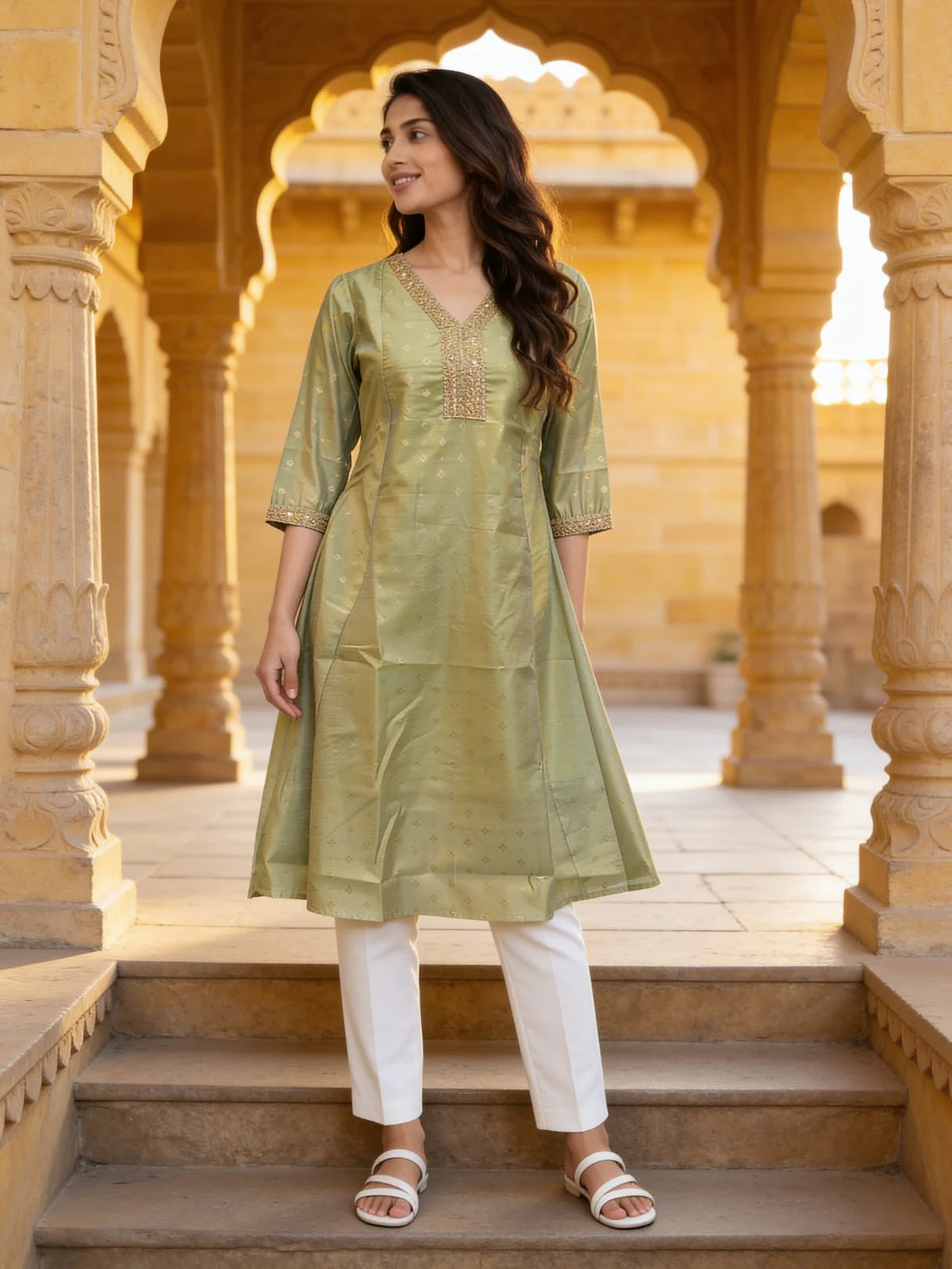 Buy Chanderi Embroidered Anarkali Calf Length Kurta-Olive