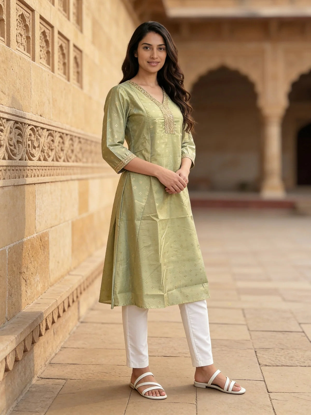 Buy Chanderi Embroidered Anarkali Calf Length Kurta-Olive