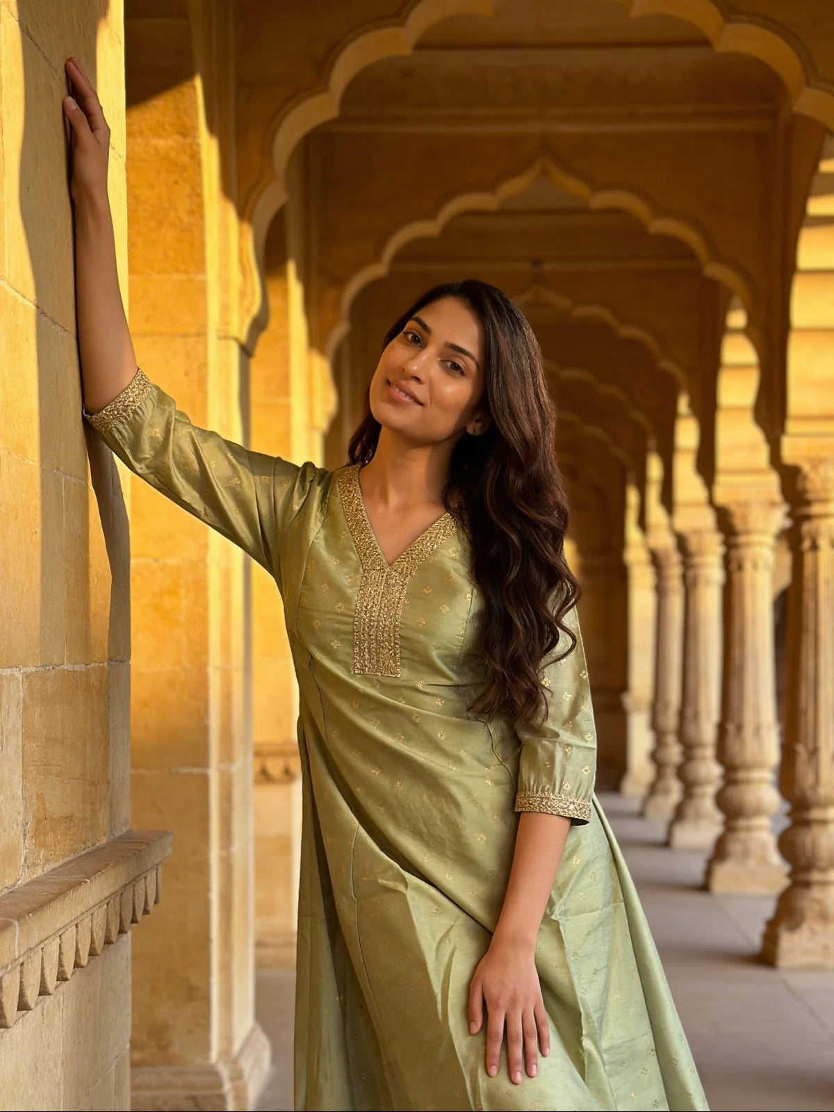 Buy Chanderi Embroidered Anarkali Calf Length Kurta-Olive