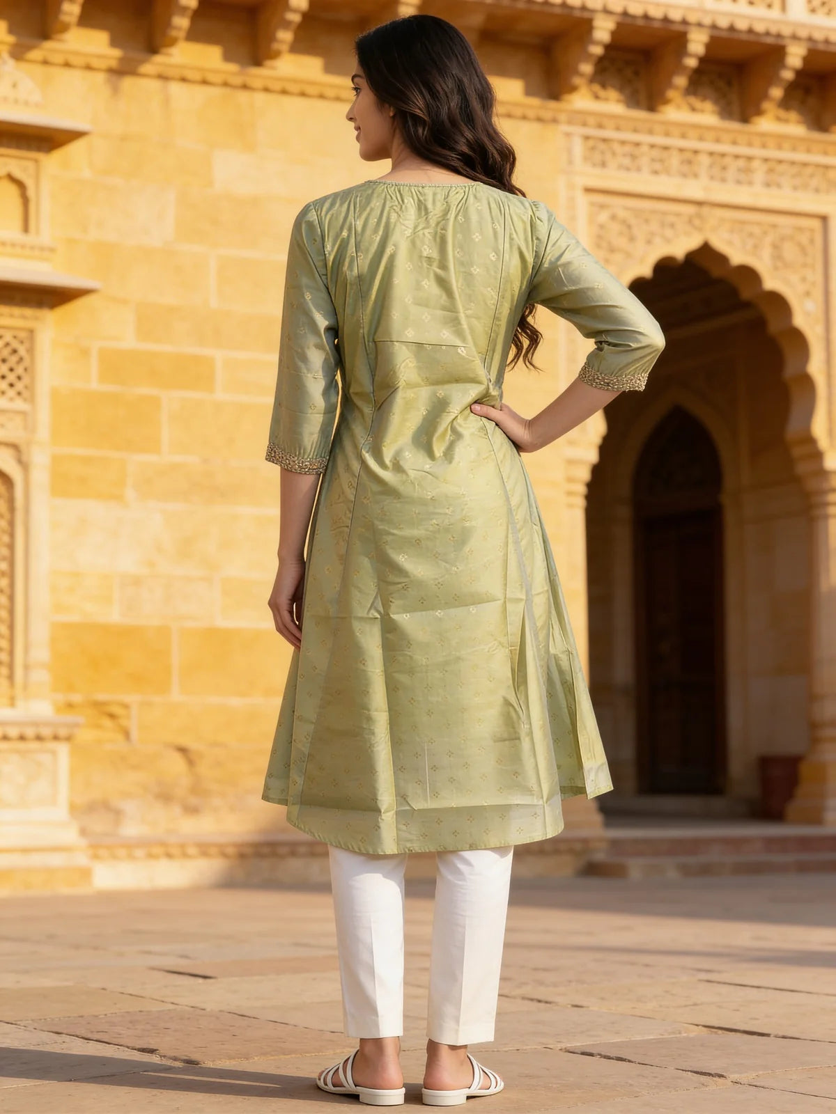 Buy Chanderi Embroidered Anarkali Calf Length Kurta-Olive