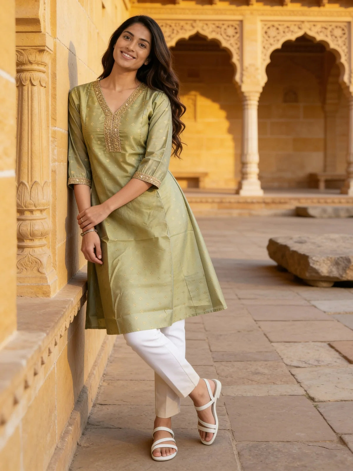 Buy Chanderi Embroidered Anarkali Calf Length Kurta-Olive