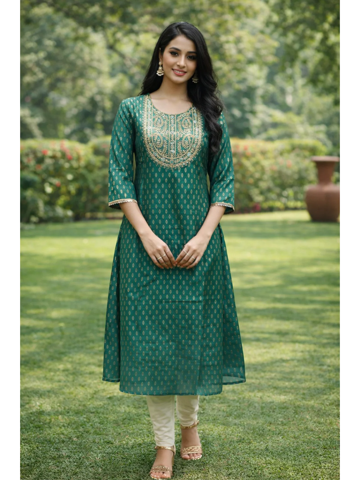 Buy Chanderi Embroidered Anarkali Calf Length Kurta-Teal