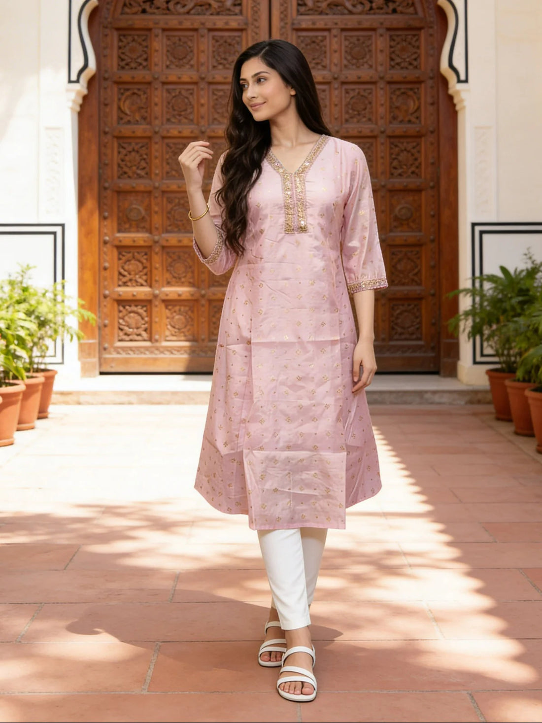 Buy Pink Chanderi Embroidered Anarkali Calf Length Kurta-Light Pink
