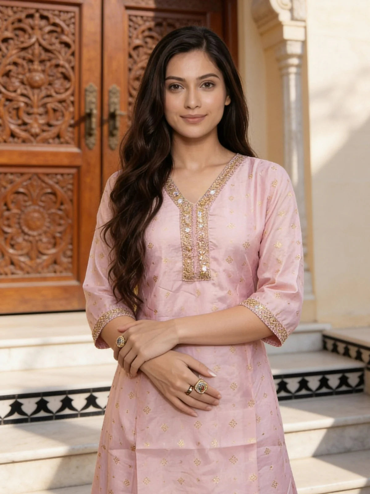 Buy Pink Chanderi Embroidered Anarkali Calf Length Kurta-Light Pink