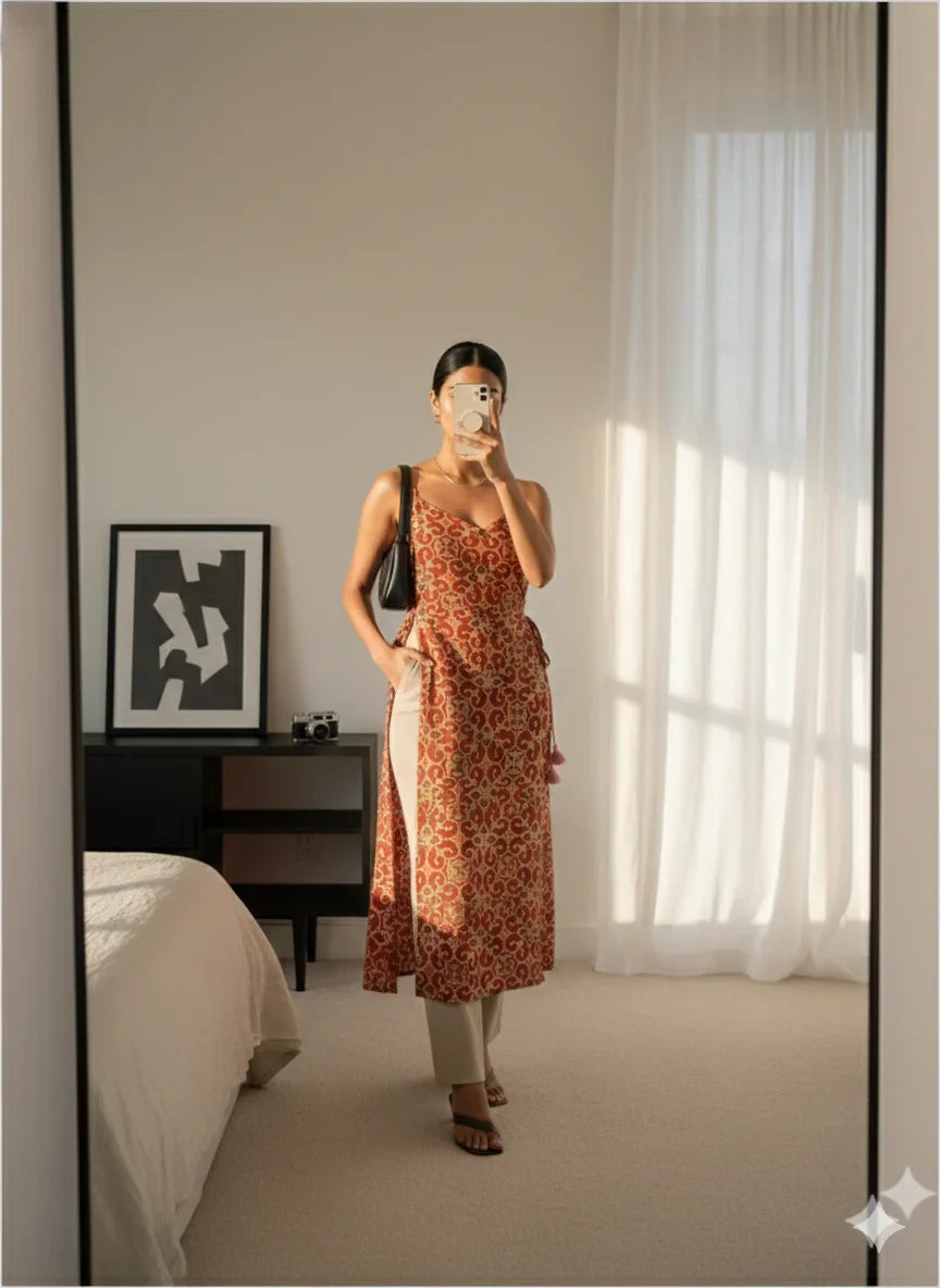 Buy Rayon Printed Straight Kurti-Rust