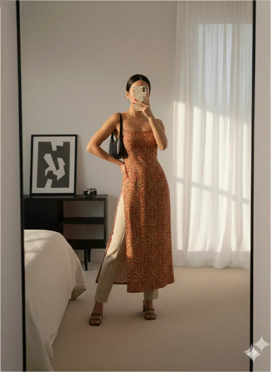 Buy Rayon Printed Straight Kurti-Rust