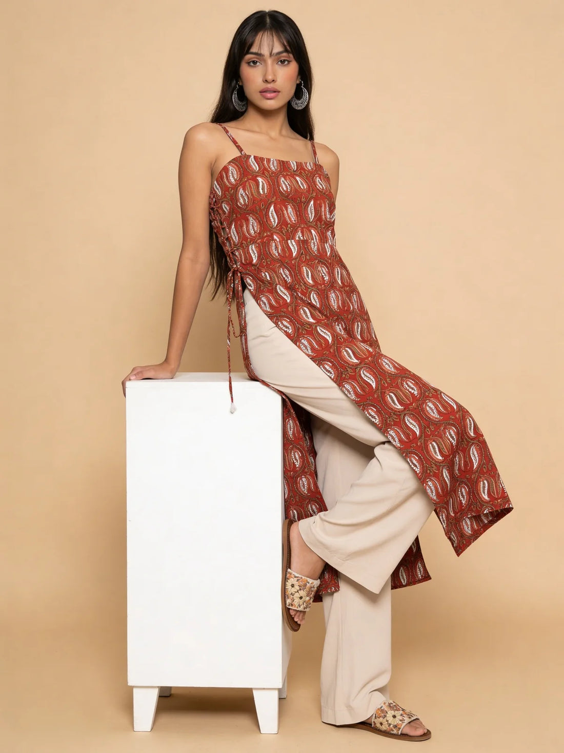 Buy Rayon Printed Straight Calf Length Kurti-Rust