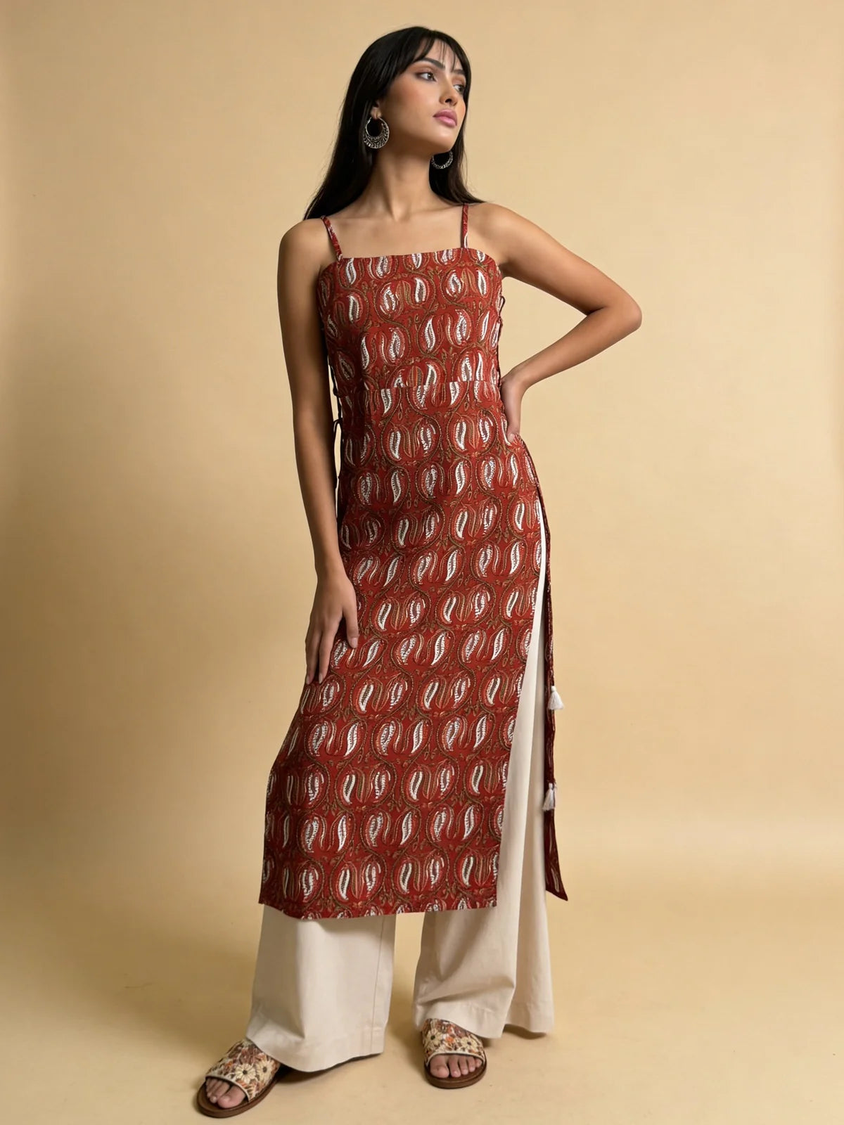 Buy Rayon Printed Straight Calf Length Kurti-Rust