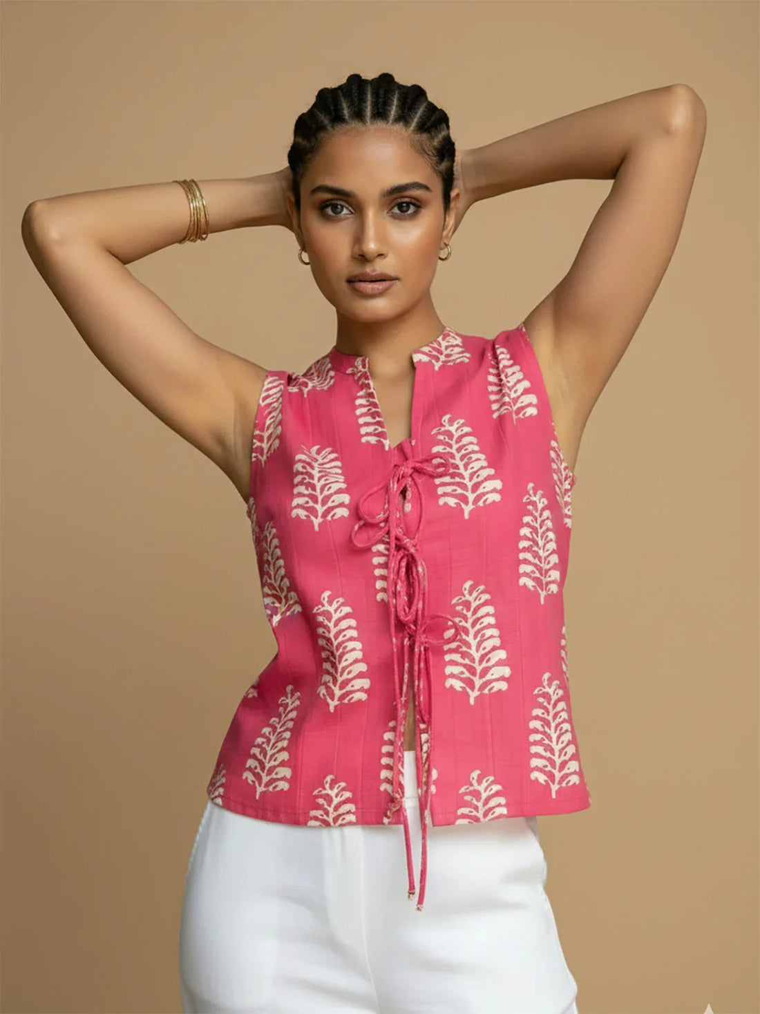 Buy Cotton Cambric Printed Pleated Top-Pink