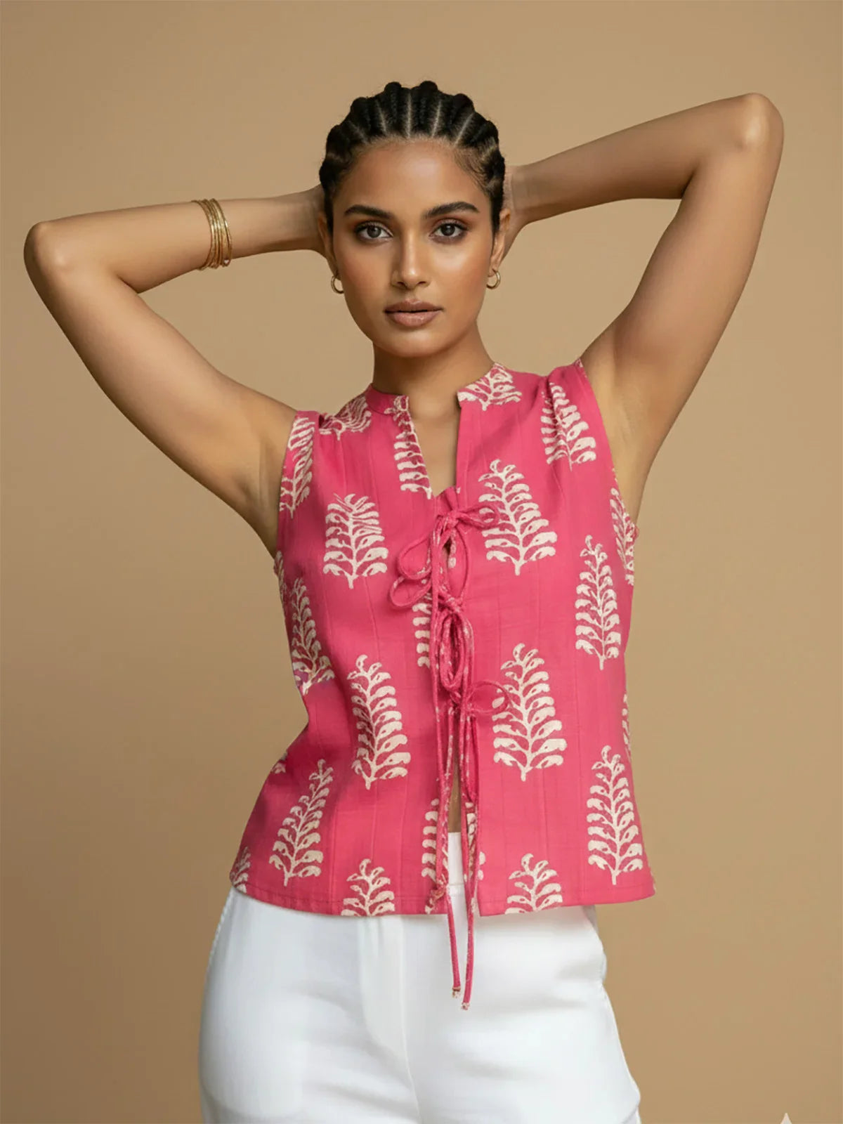 Buy Cotton Cambric Printed Pleated Top-Pink