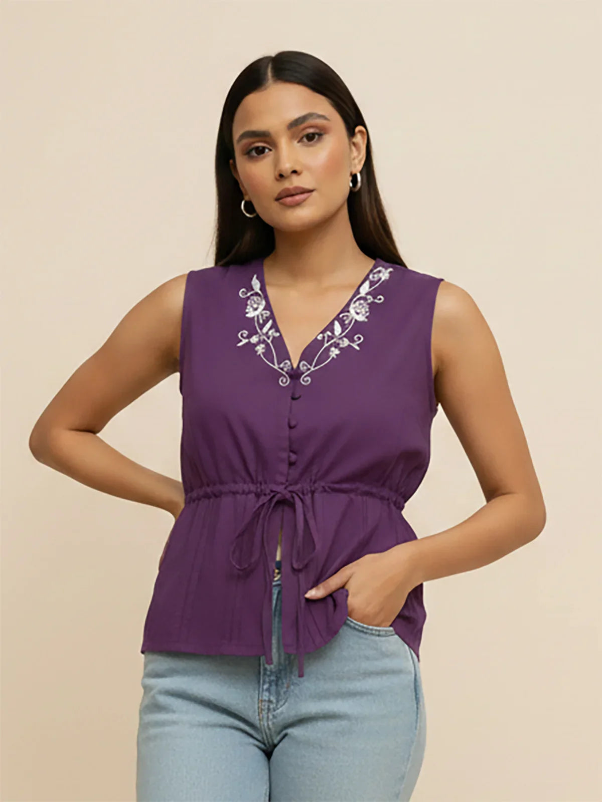 Buy Poly Viscose Solid Peplum Top-Cream