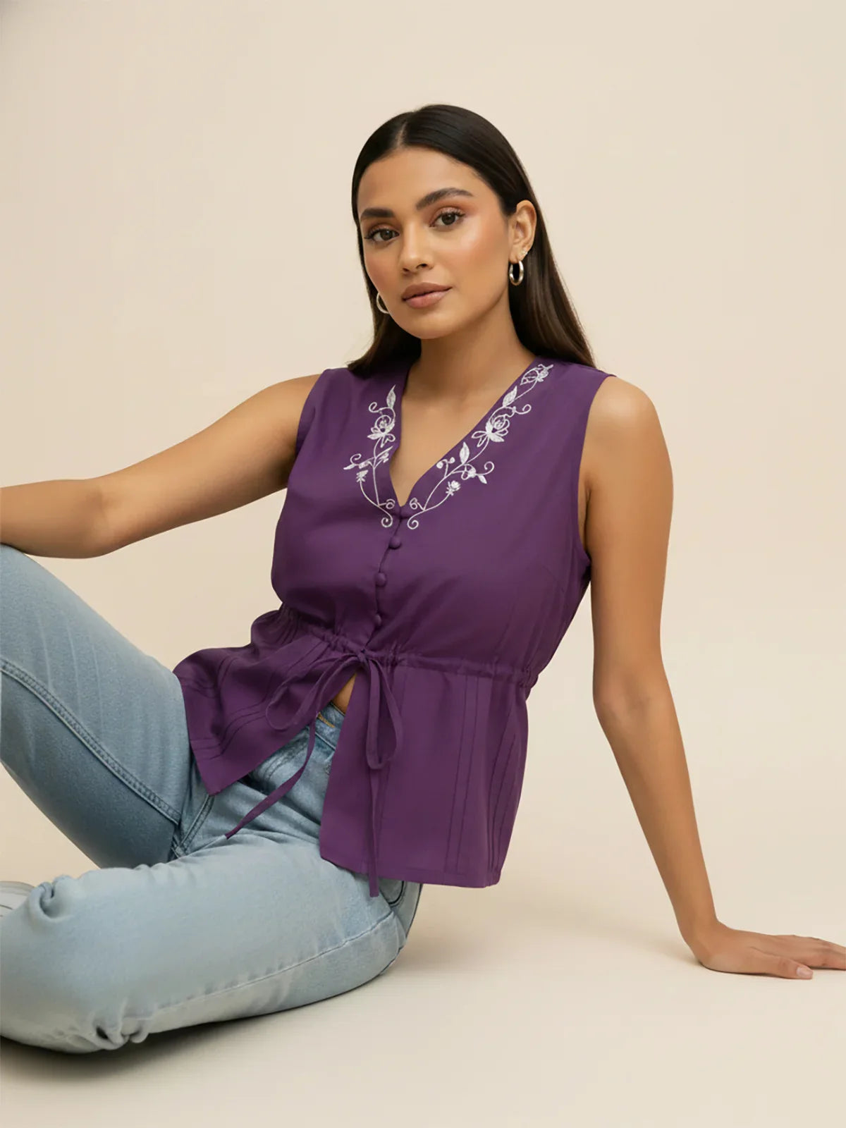 Buy Poly Viscose Solid Peplum Top-Cream