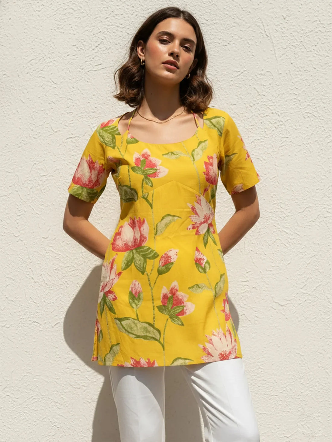 Buy Cotton Cambric Printed Straight Tunic-Yellow
