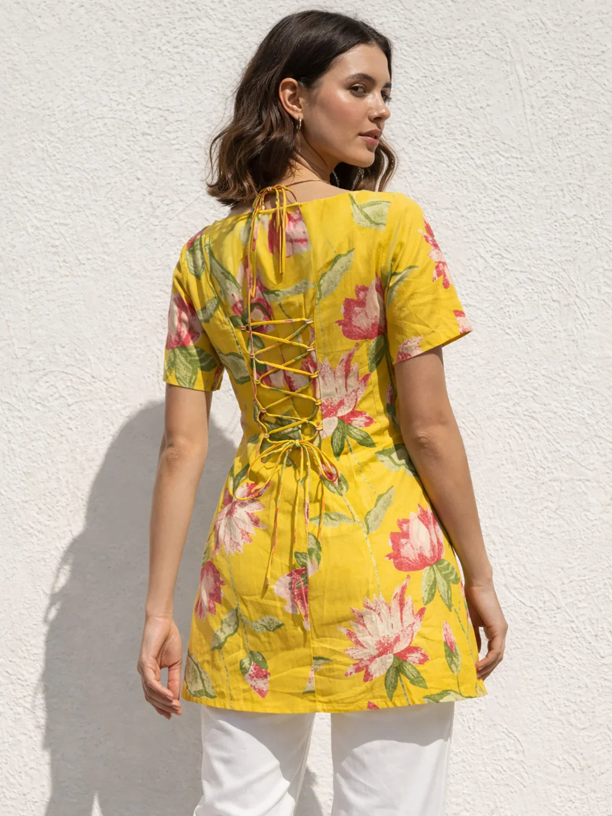 Buy Cotton Cambric Printed Straight Tunic-Yellow