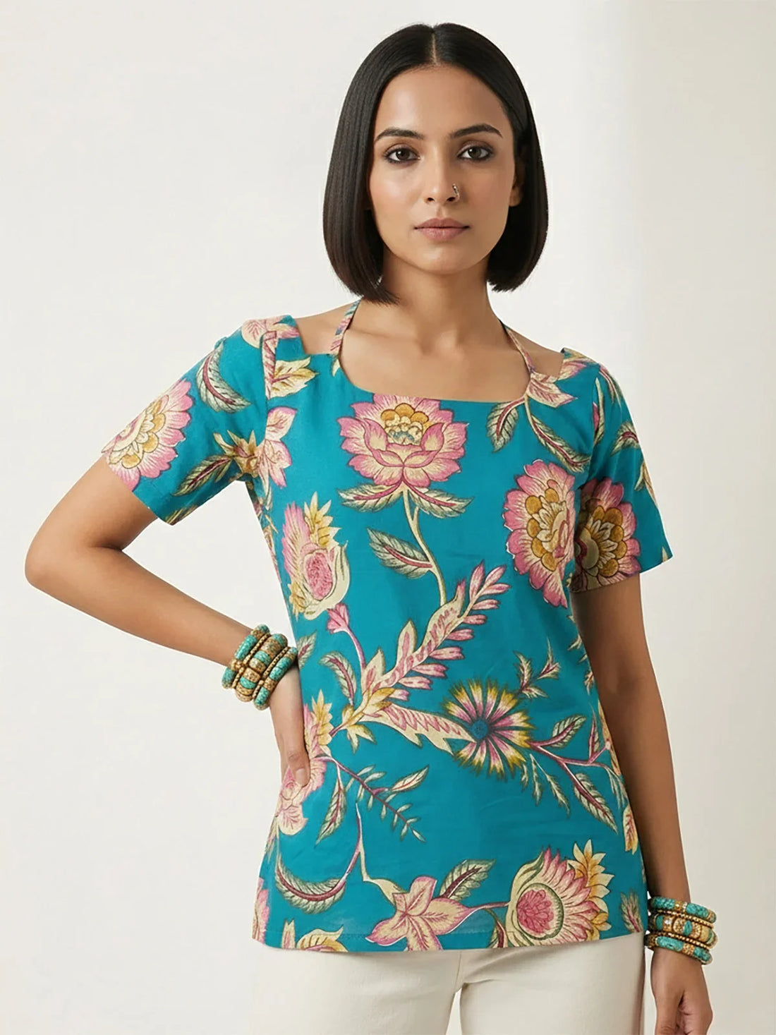 Buy Cotton Cambric Printed Straight Tunic-Turquoise