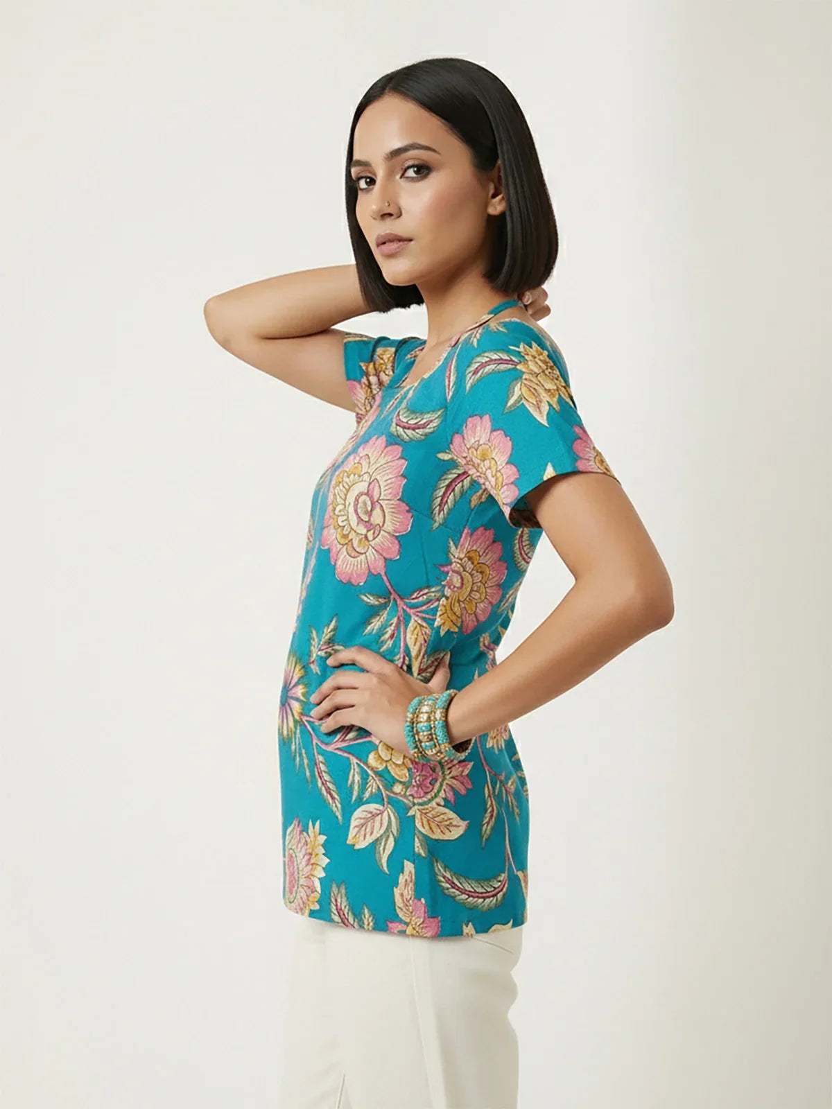 Buy Cotton Cambric Printed Straight Tunic-Turquoise