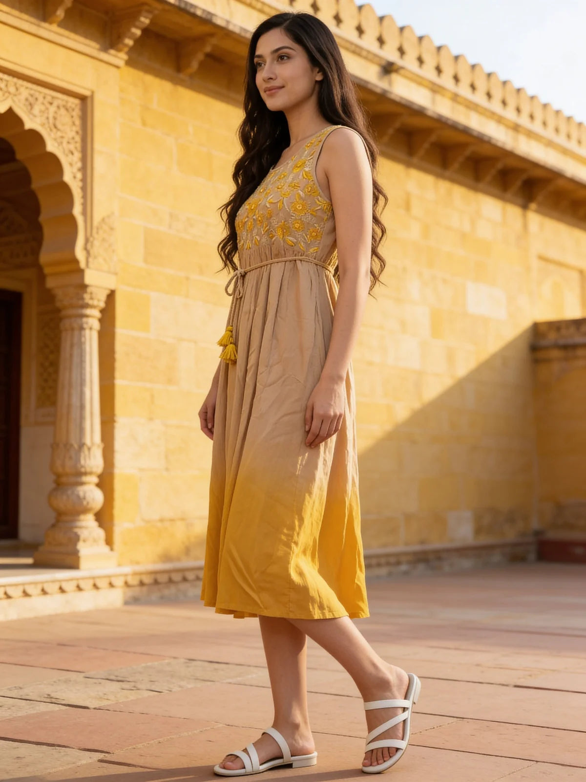 Buy Rayon Embroidered Flared Calf Length Dress-Mustard