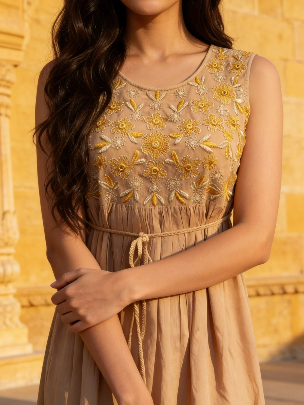 Buy Rayon Embroidered Flared Calf Length Dress-Mustard