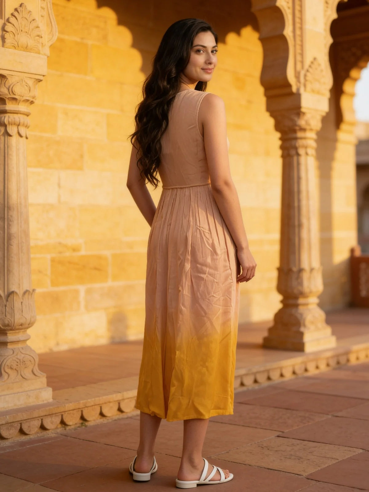 Buy Rayon Embroidered Flared Calf Length Dress-Mustard