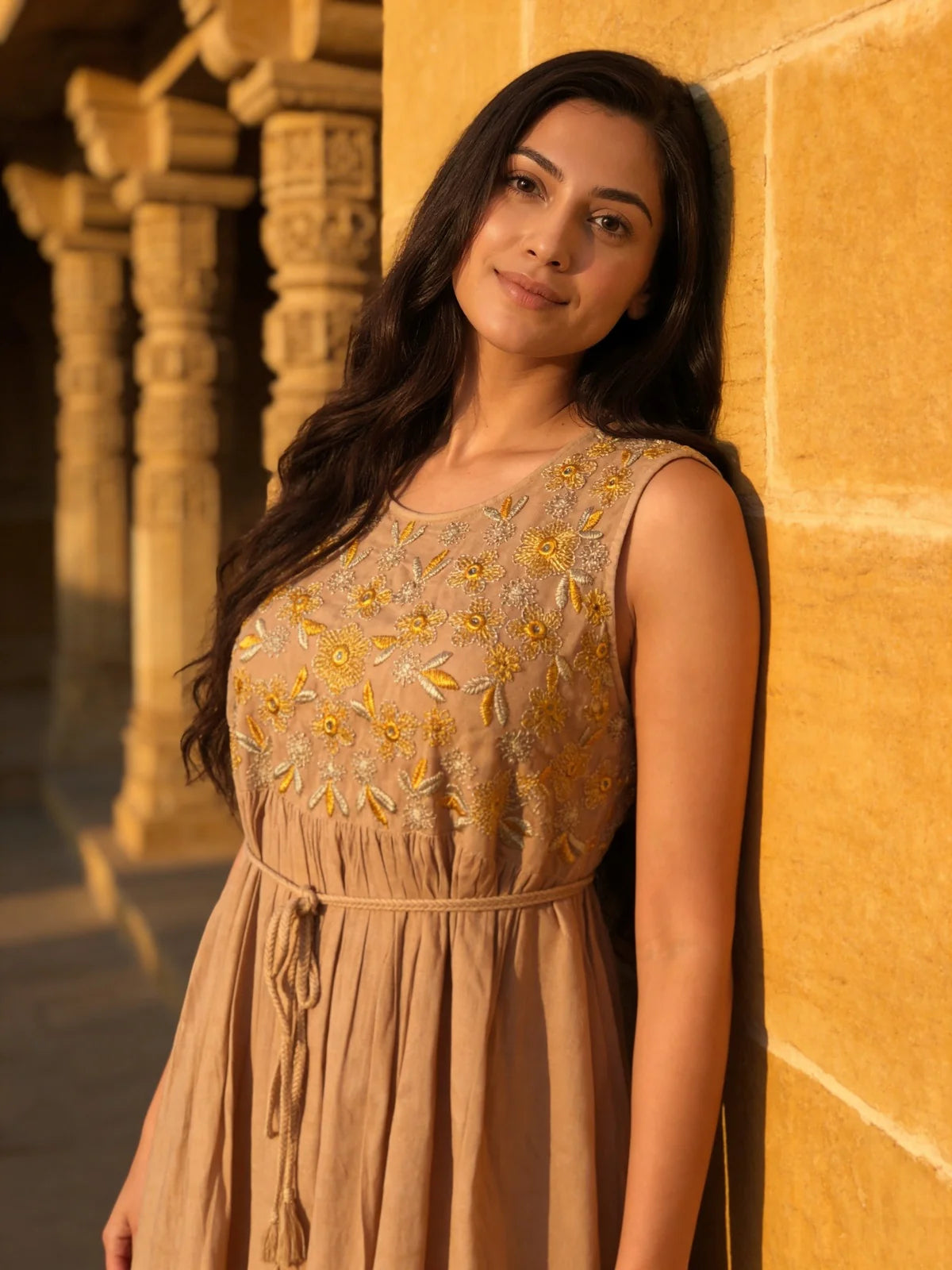 Buy Rayon Embroidered Flared Calf Length Dress-Mustard